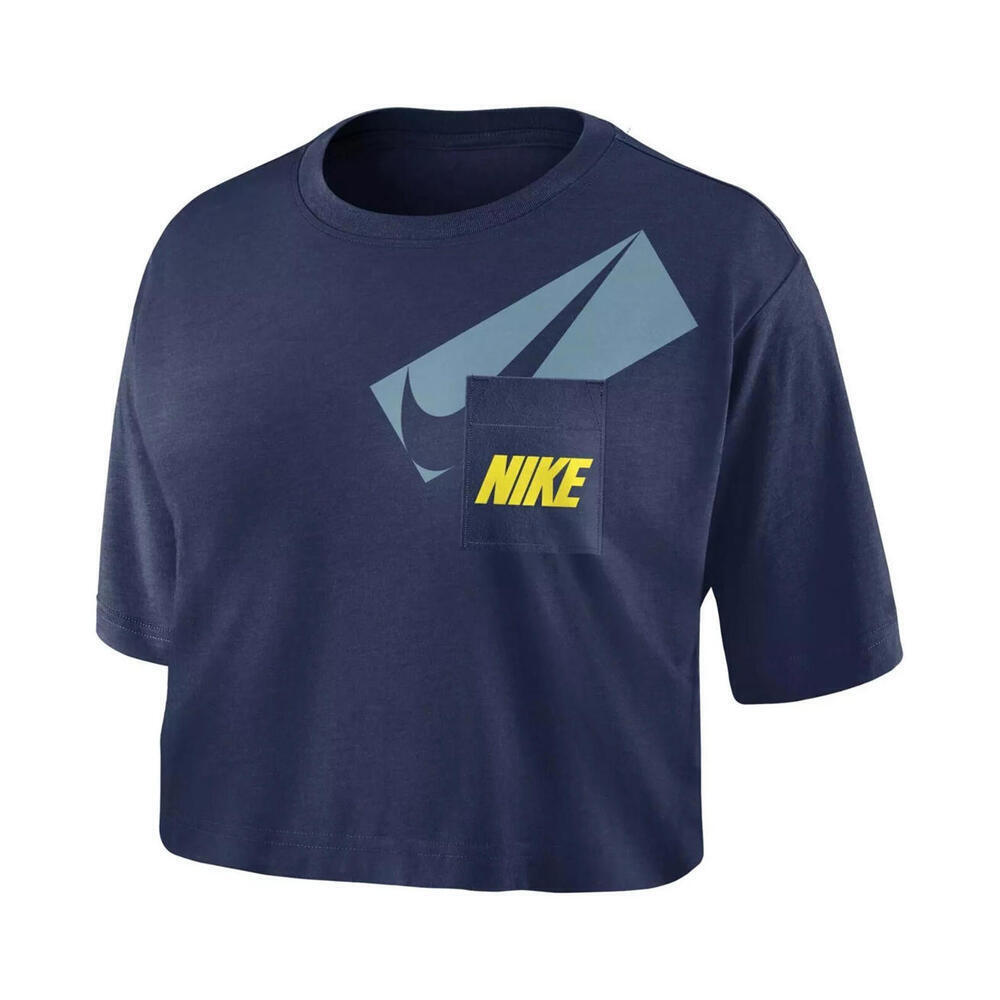 New Nike Women's Navy  Pocketed Cropped Logo Graphic Short Sleeve Top, Size - M